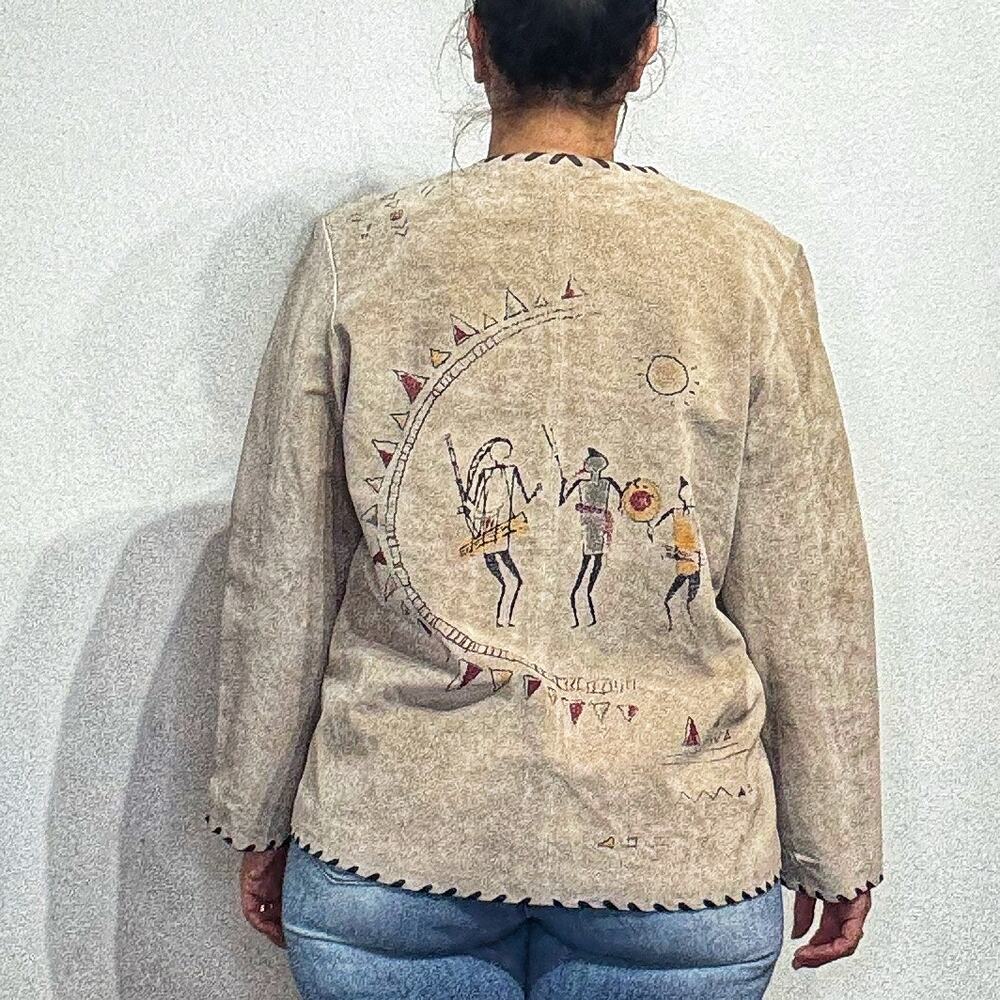 Chico's Tan Genuine Suede Leather Vintage Native Tribal Jacket Sz 2 - Picture 12 of 15